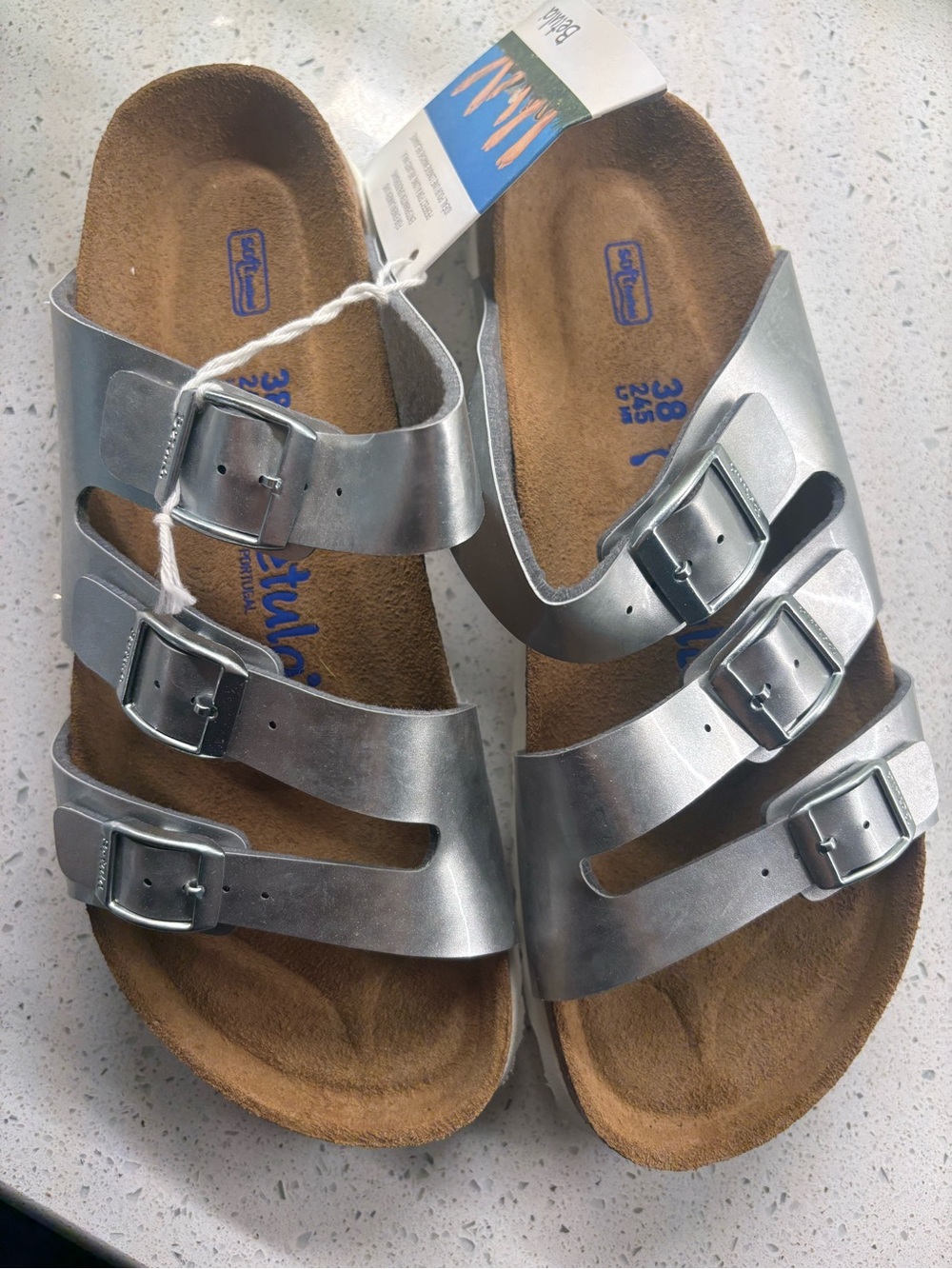 Betula Birkenstock Leo SILVER Soft  Footbed Sandal Women's EU 38 US 7 NEW BOXED